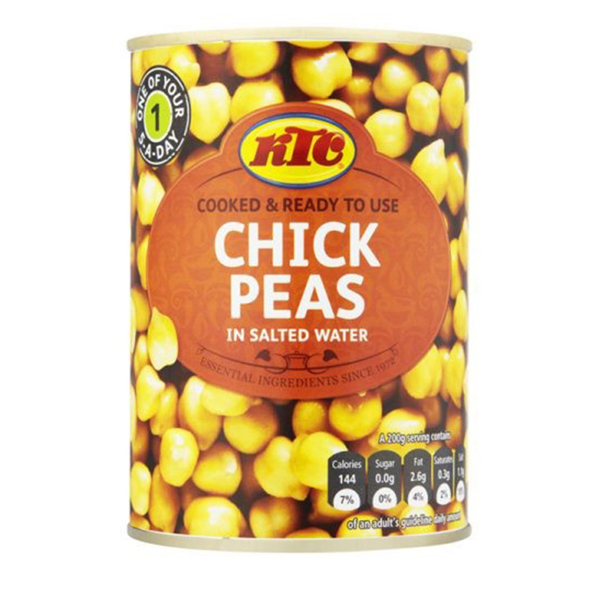 A can of KTC - Chick Peas in Salted Water - 400g in a white background. A can of KTC - Chick Peas in Salted Water - 400g in a white background.