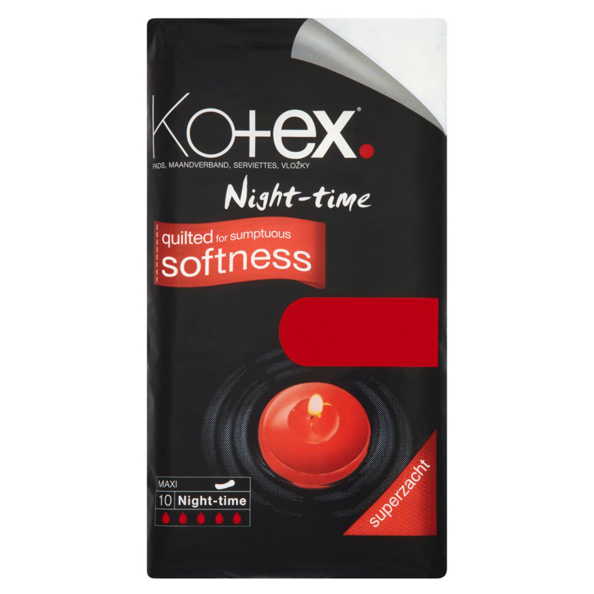 A Kotex - Maxi Night Time Pads - 10 Pads package with a red label.