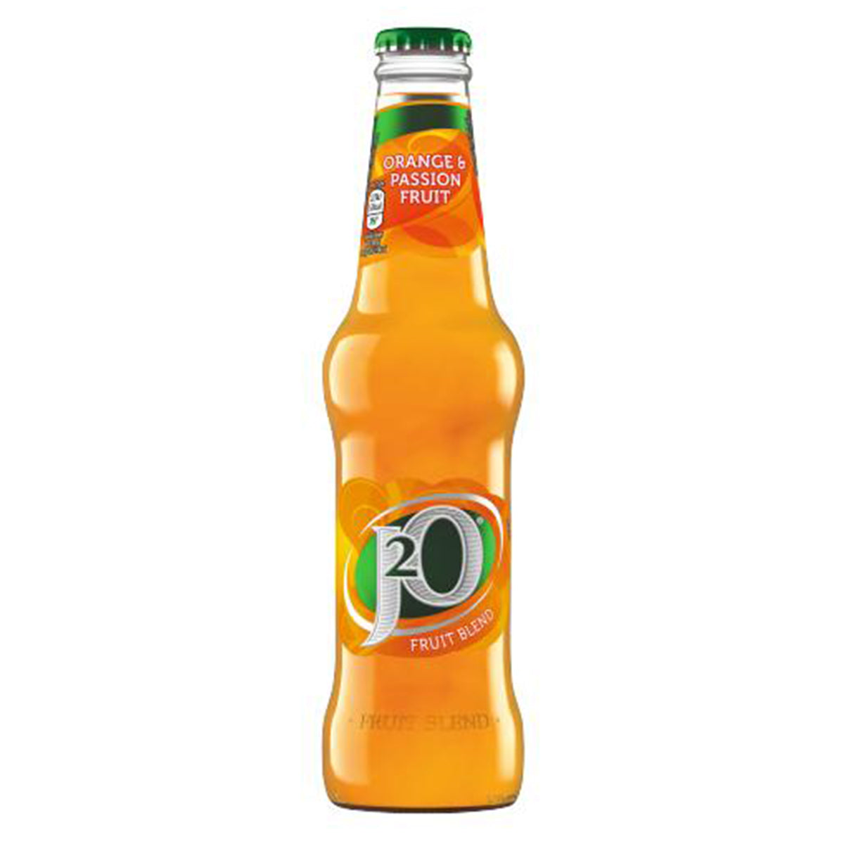 A bottle of J2O - Orange & Passion Fruit - 275ml on a white background.