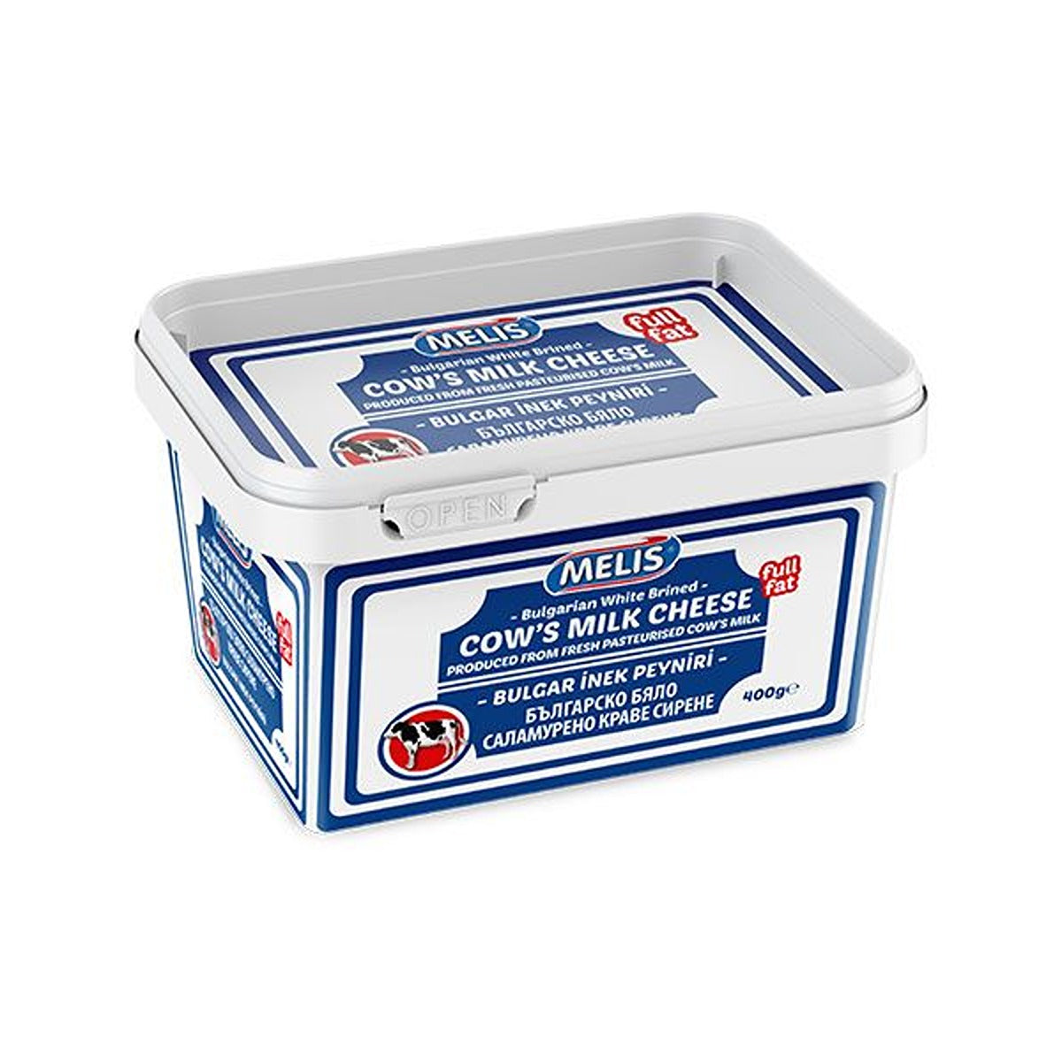 A container of Melis - Bulgarian Cow Cheese - 400g on a white background.