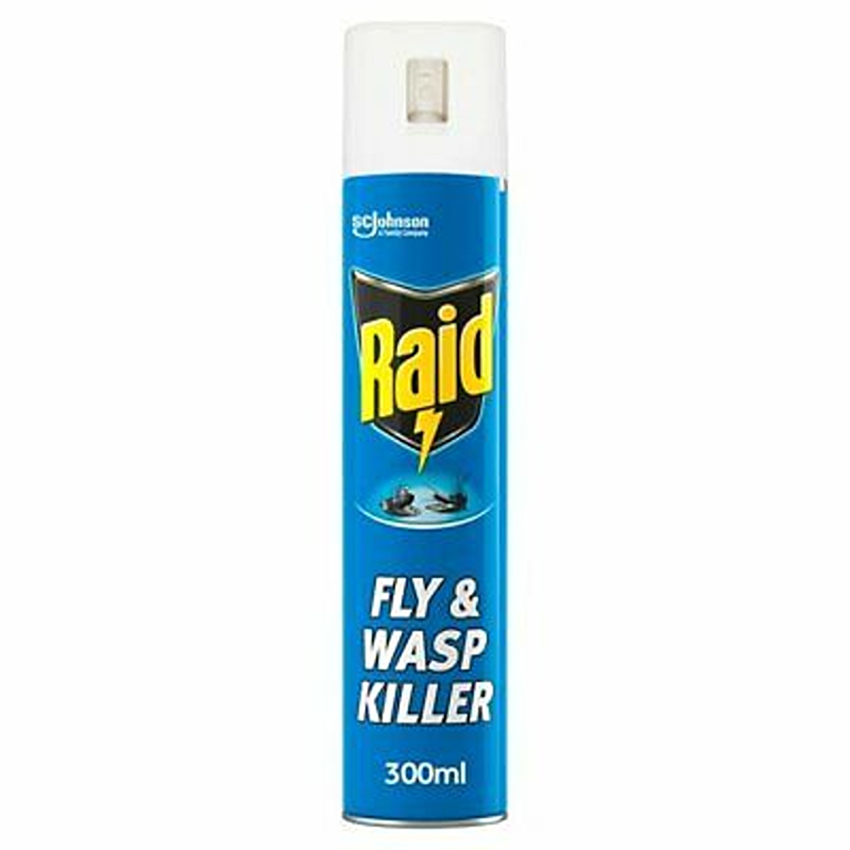 A blue and white Raid - Fly & Wasp Killer - 300ml aerosol can.