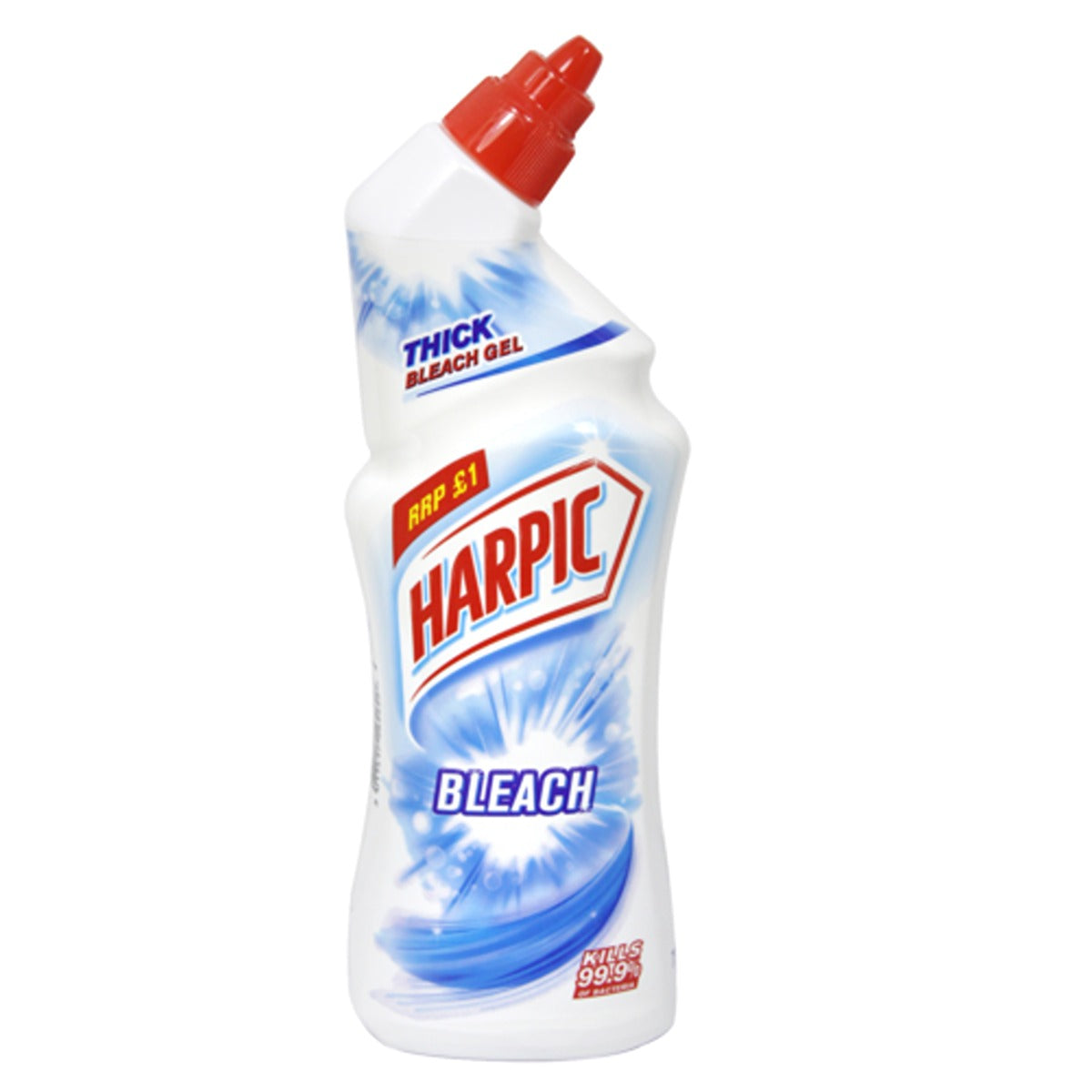 A bottle of Harpic - Bleach White and Shine Original - 750 ml on a white background. A bottle of Harpic - Bleach White and Shine Original - 750 ml on a white background.
