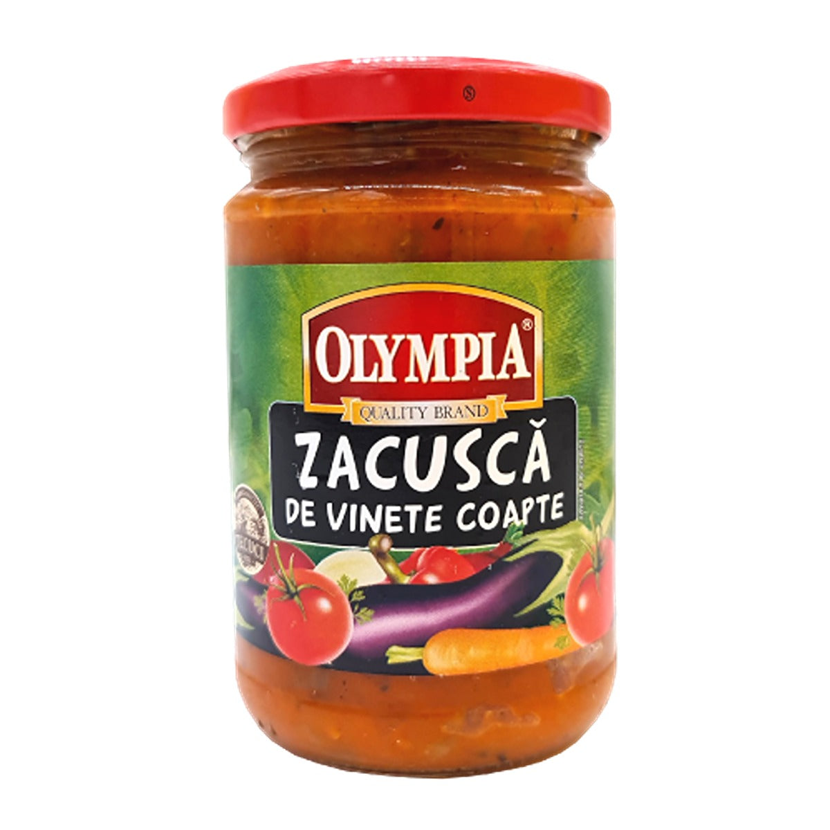 Jar of Olympia - Eggplant Zacusca - 314g, featuring images of eggplants, tomatoes, and carrots on the label. Jar of Olympia - Eggplant Zacusca - 314g, featuring images of eggplants, tomatoes, and carrots on the label.