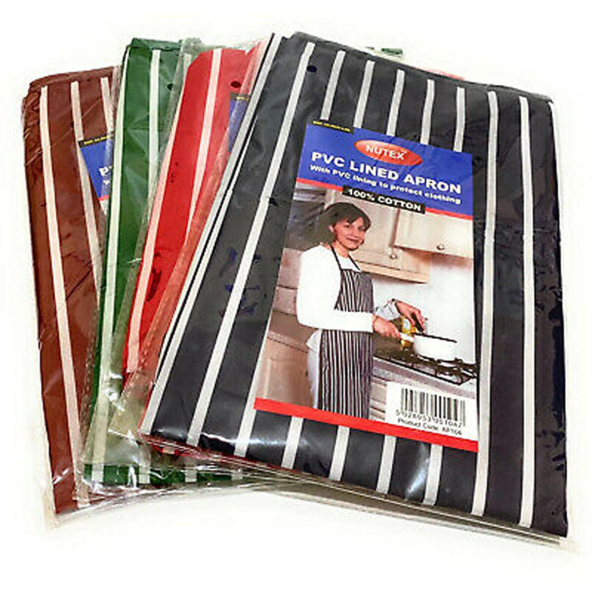 Packaged Nutex PVC lined chef aprons in various colors.