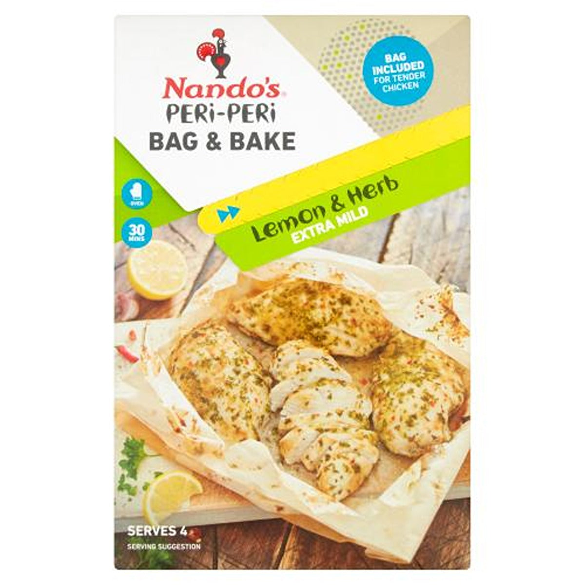 A package of Nandos - Peri-Peri Bag & Bake Lemon & Herb - 20g chicken. A package of Nandos - Peri-Peri Bag & Bake Lemon & Herb - 20g chicken.