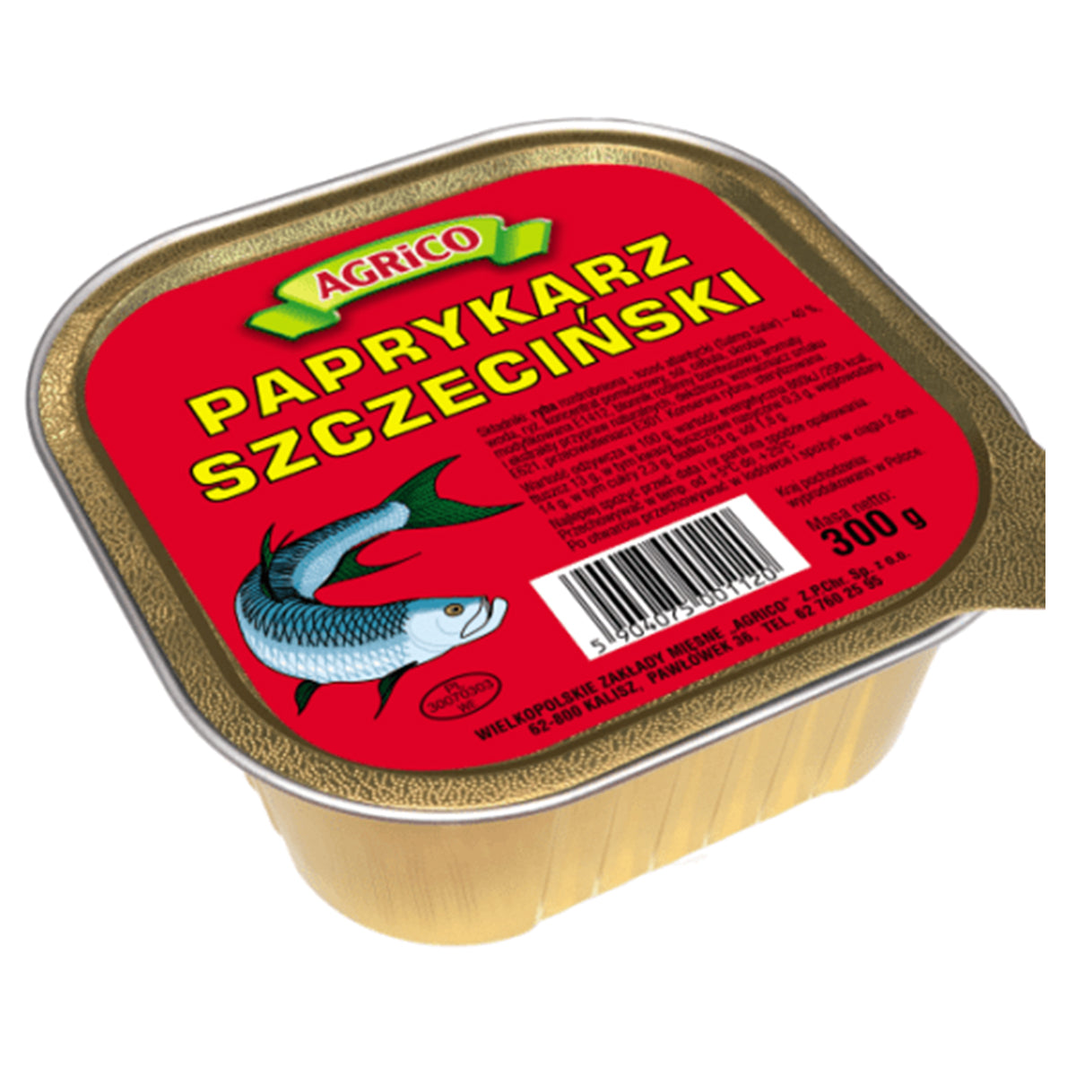A rectangular gold tin labeled "Agrico - Fish Goulash Salmon Risotto," featuring a fish illustration and red background, contains 300g of minced fish and rice. A rectangular gold tin labeled "Agrico - Fish Goulash Salmon Risotto," featuring a fish illustration and red background, contains 300g of minced fish and rice.