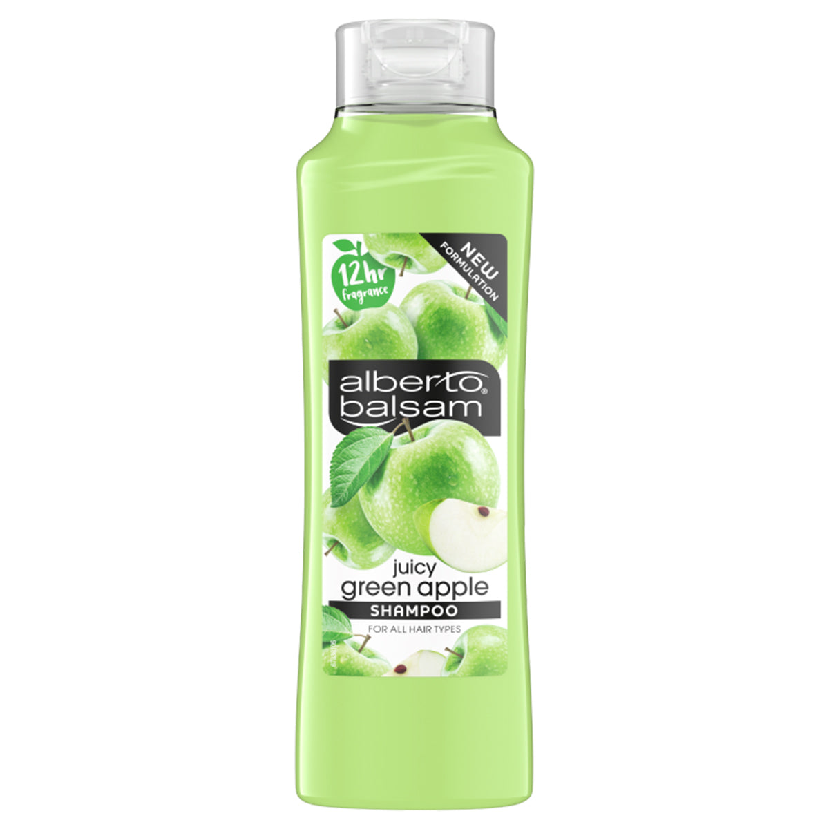 A bottle of Alberto Balsam - Green Apple Shampoo - 350ml on a white background. A bottle of Alberto Balsam - Green Apple Shampoo - 350ml on a white background.