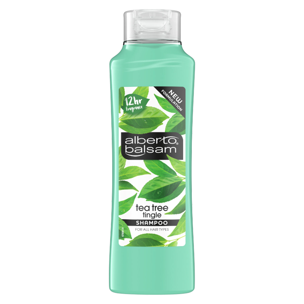 A bottle of Alberto Balsam Tea Tree Shampoo - 350ml with a green leaf on it.