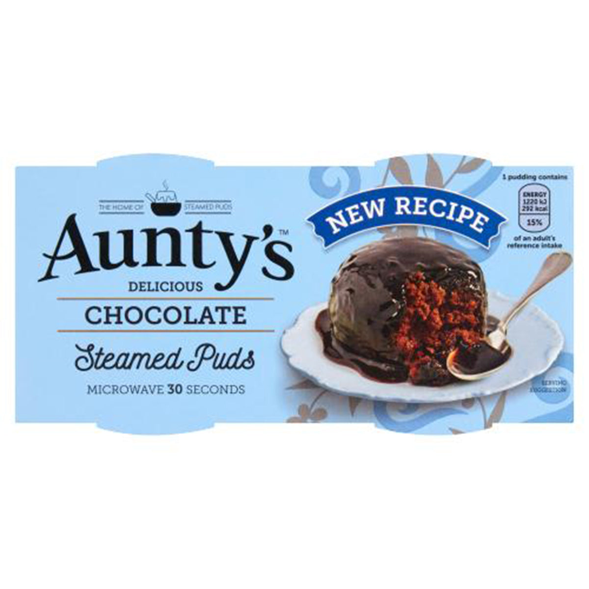 Packaging for Aunty's Delicious Chocolate Steamed Puds - 190g, highlighting that it's a new recipe and can be microwaved in 30 seconds.