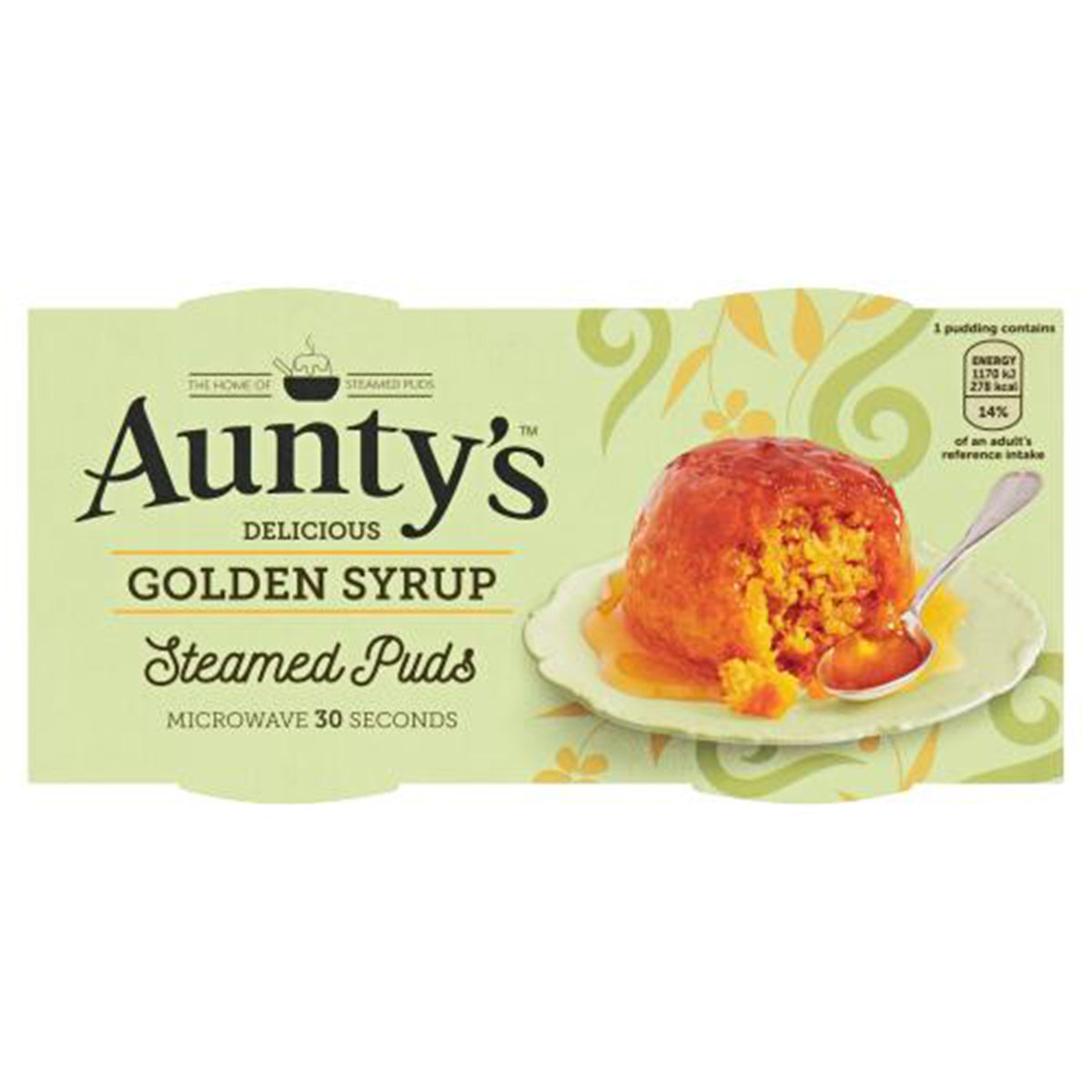 A package of Aunty's Delicious Golden Syrup Steamed Puds - 190g, ready in 30 seconds.