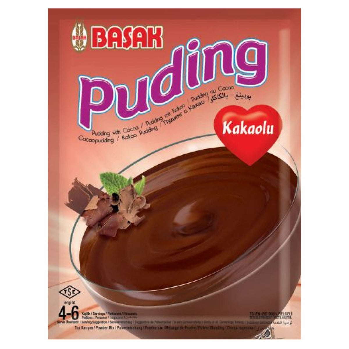 A packaged mix called "Basak - Cacao Pudding - 105g" features a heart icon and an image of a dessert bowl topped with chocolate shavings and mint leaves, capturing the allure of chocolate indulgence. A packaged mix called "Basak - Cacao Pudding - 105g" features a heart icon and an image of a dessert bowl topped with chocolate shavings and mint leaves, capturing the allure of chocolate indulgence.