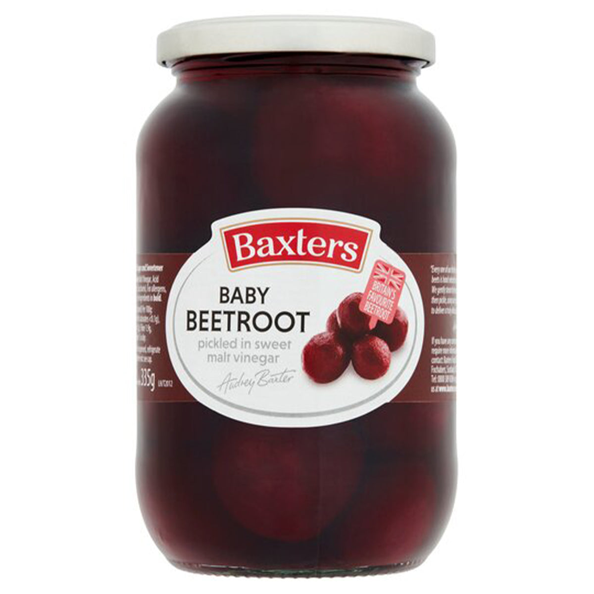 A jar of Baxters - Baby Beetroot Pickled in Sweet Malt Vinegar - 340g on a white background. A jar of Baxters - Baby Beetroot Pickled in Sweet Malt Vinegar - 340g on a white background.