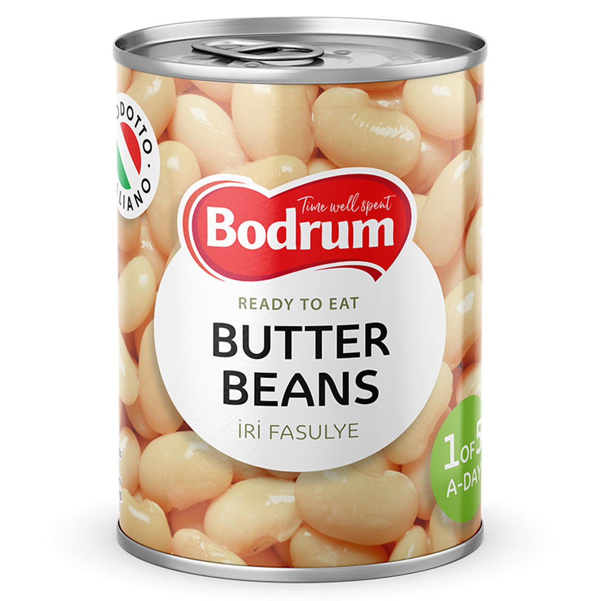 A tin of Bodrum Butter Beans - 400g with a white background.