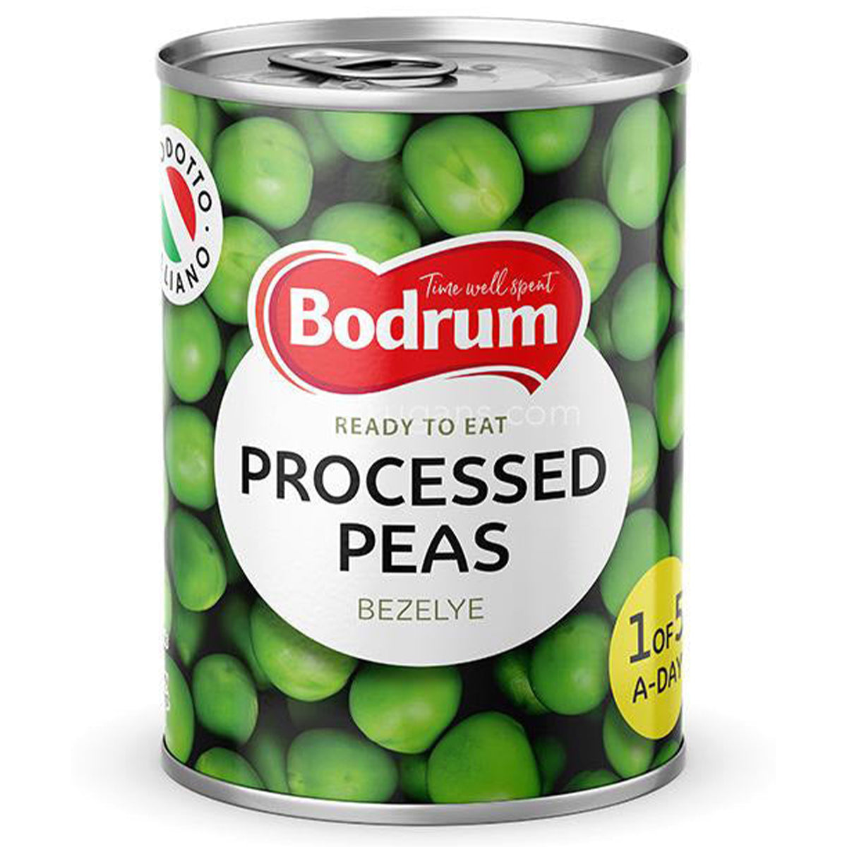A can of Bodrum - Green Peas - 400g on a white background. A can of Bodrum - Green Peas - 400g on a white background.
