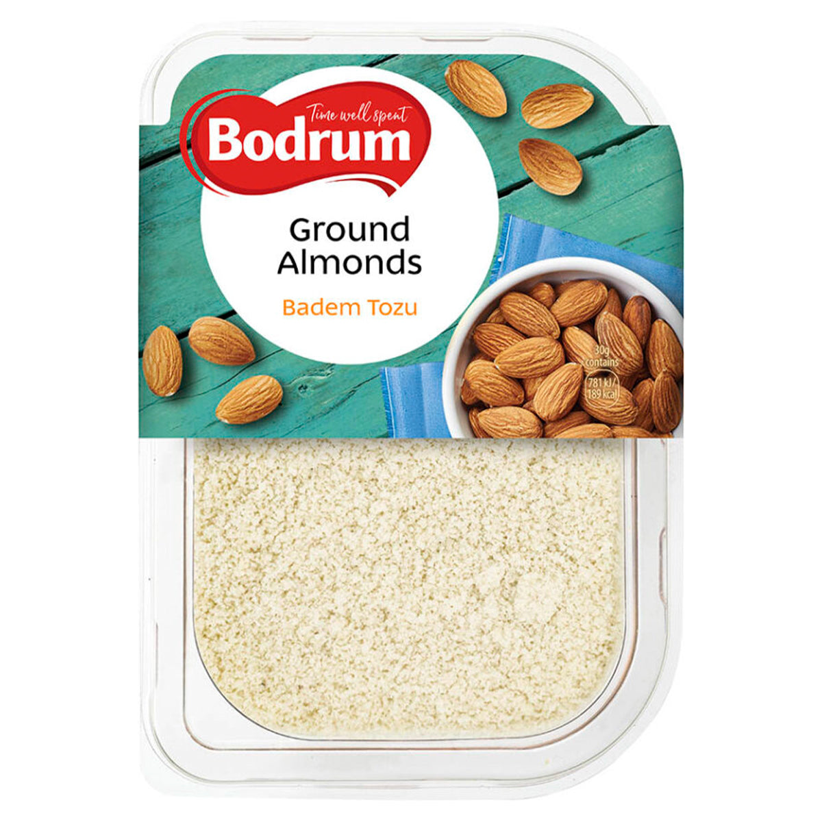 Bodrum grounded almonds in a plastic container.