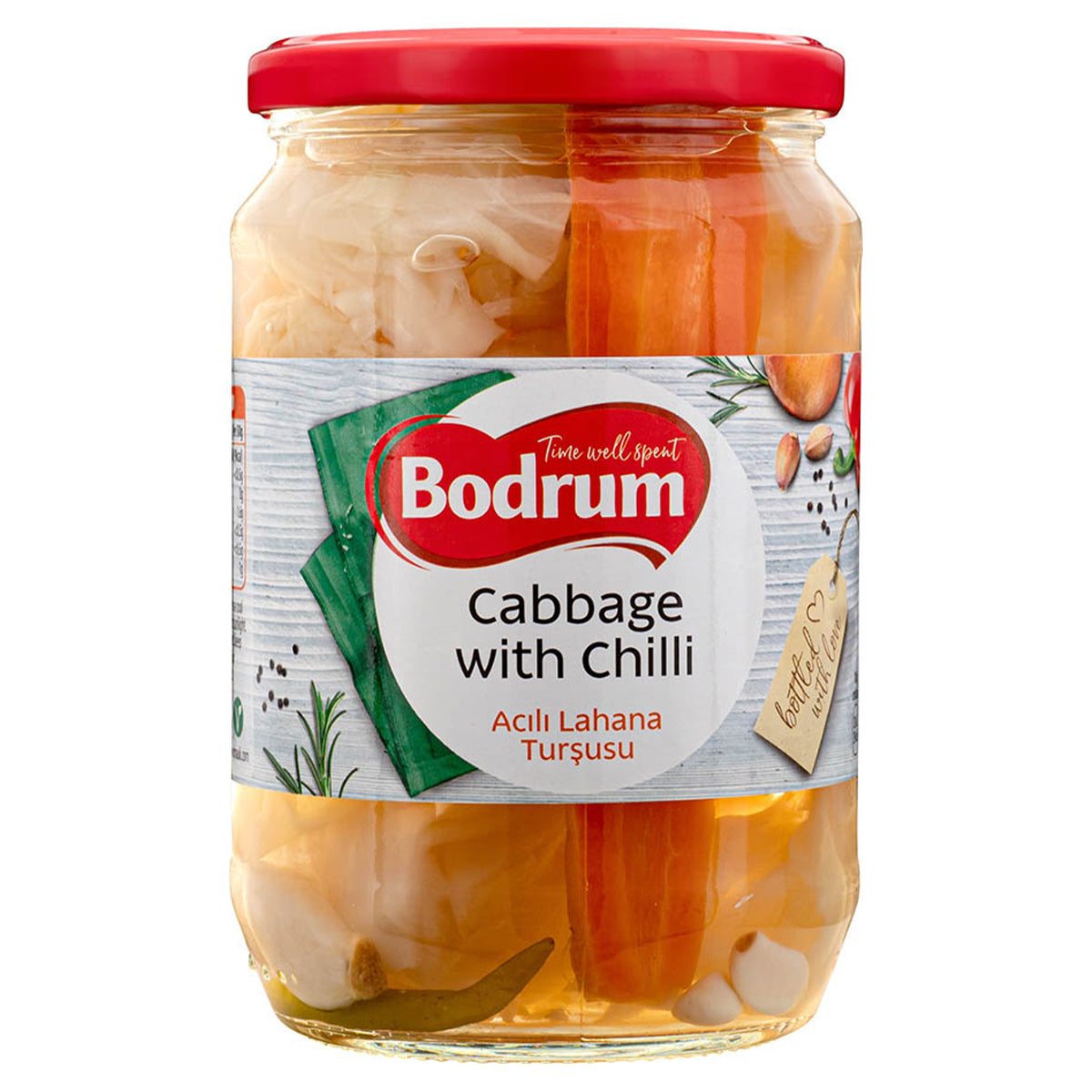 A jar of Bodrum - Cabbage with Hot Pepper - 670g contains pickled cabbage and carrots, distinguished by its red lid and a product label displaying herbs and spices. A jar of Bodrum - Cabbage with Hot Pepper - 670g contains pickled cabbage and carrots, distinguished by its red lid and a product label displaying herbs and spices.