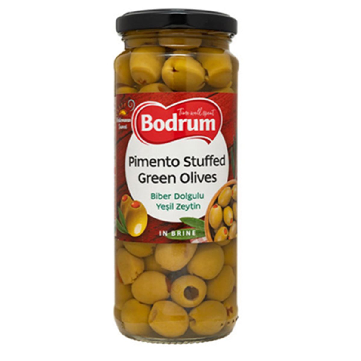 Bodrum Pimento Stuffed Green Olives - 320g. Bodrum Pimento Stuffed Green Olives - 320g.