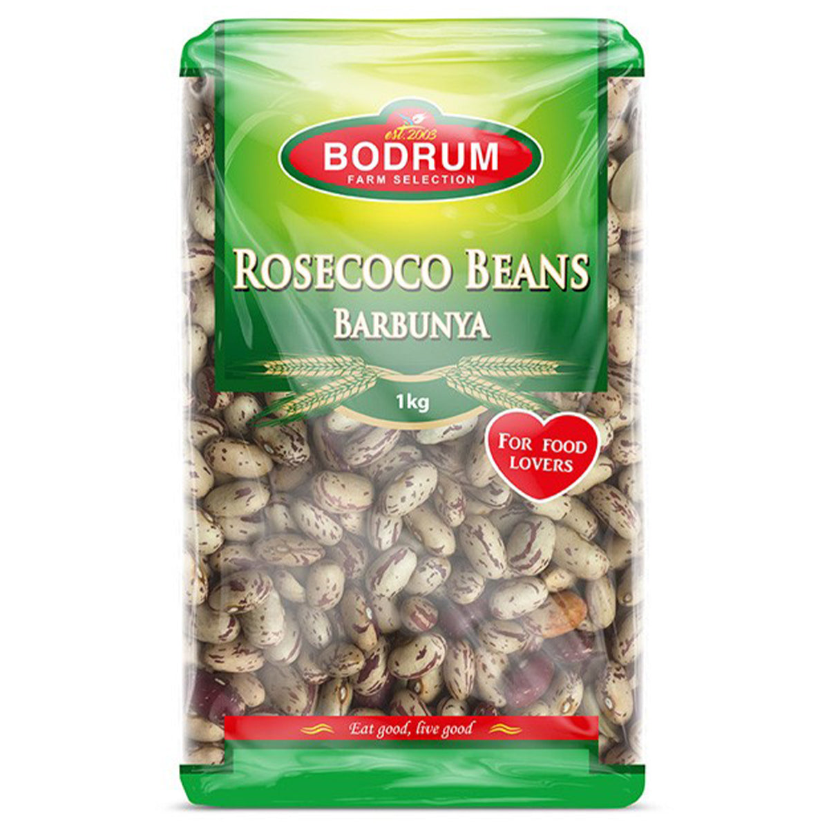 A bag of Bodrum - Rosecoco Beans - 1kg in a white background. A bag of Bodrum - Rosecoco Beans - 1kg in a white background.
