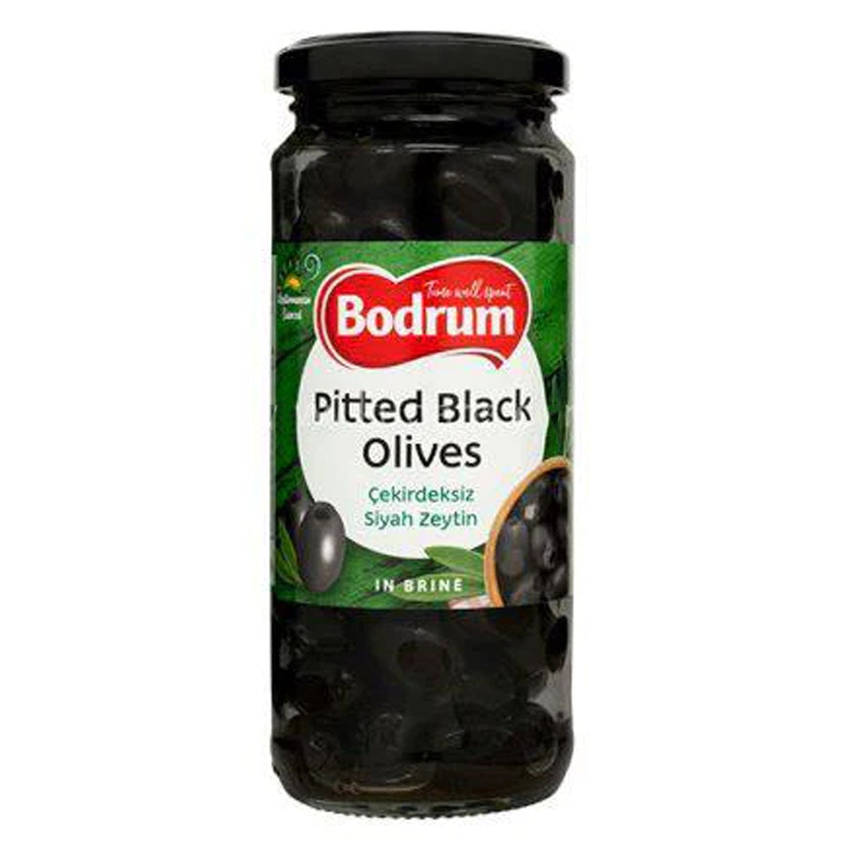 A jar of Bodrum - Pitted Black Olive - 330g on a white background.