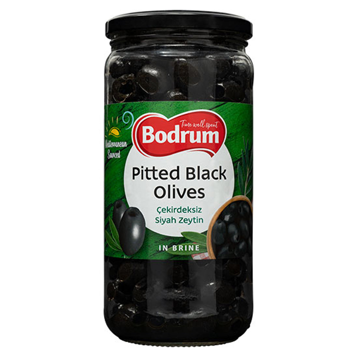 A jar of Bodrum - Pitted Black Olives - 720g on a white background. A jar of Bodrum - Pitted Black Olives - 720g on a white background.