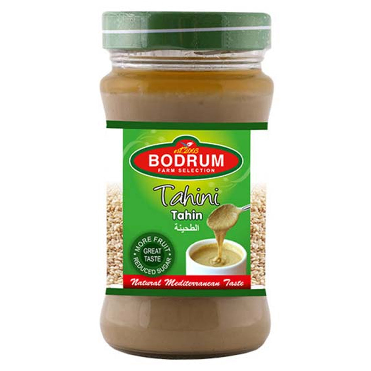 A jar of Bodrum - Tahini Sesame Seed Paste - 300g by Bodrum on a white background.