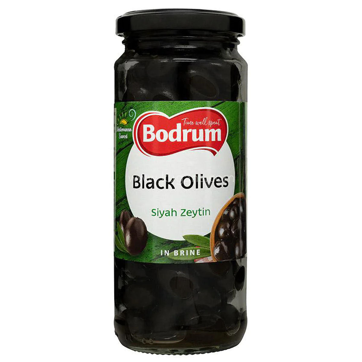 A jar of Bodrum - Whole Black Olives - 680g on a white background. A jar of Bodrum - Whole Black Olives - 680g on a white background.