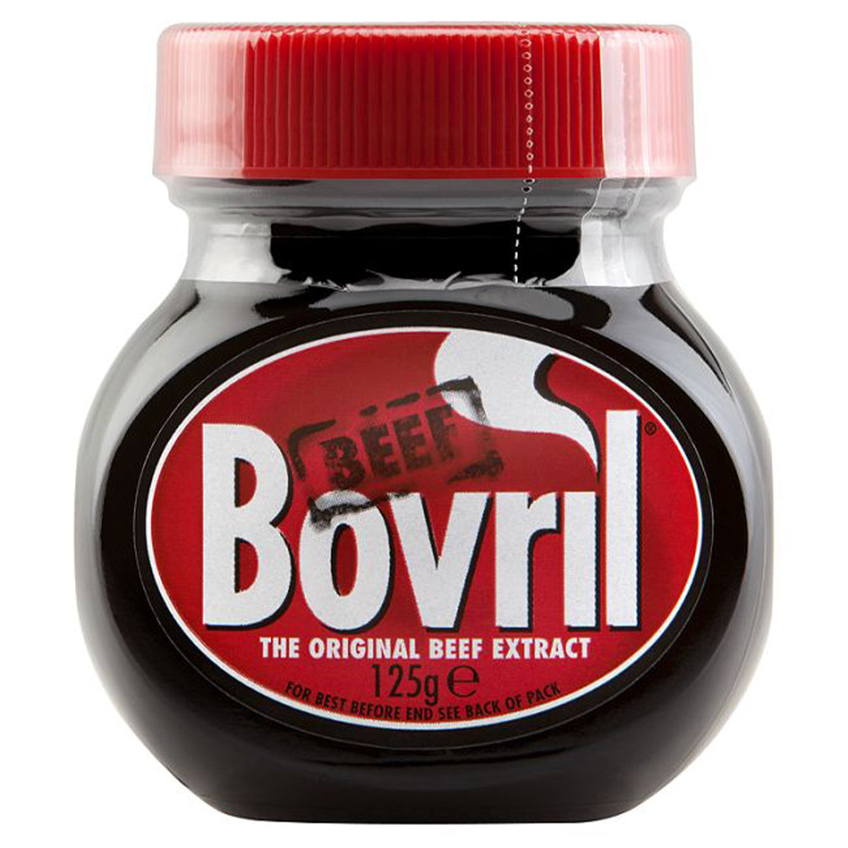 A jar of Bovril - Beef & Yeast Extract - 125g on a white background. A jar of Bovril - Beef & Yeast Extract - 125g on a white background.
