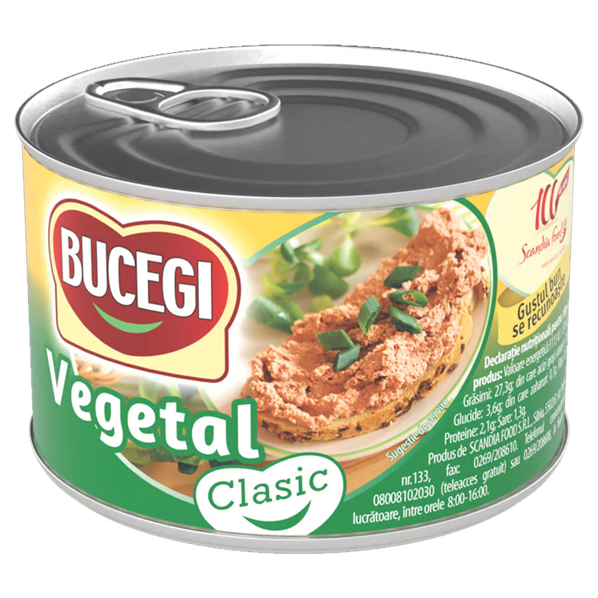 A can of Bucegi - Vegetable Pate (Vegetal Clasic) - 200g on a white background. A can of Bucegi - Vegetable Pate (Vegetal Clasic) - 200g on a white background.
