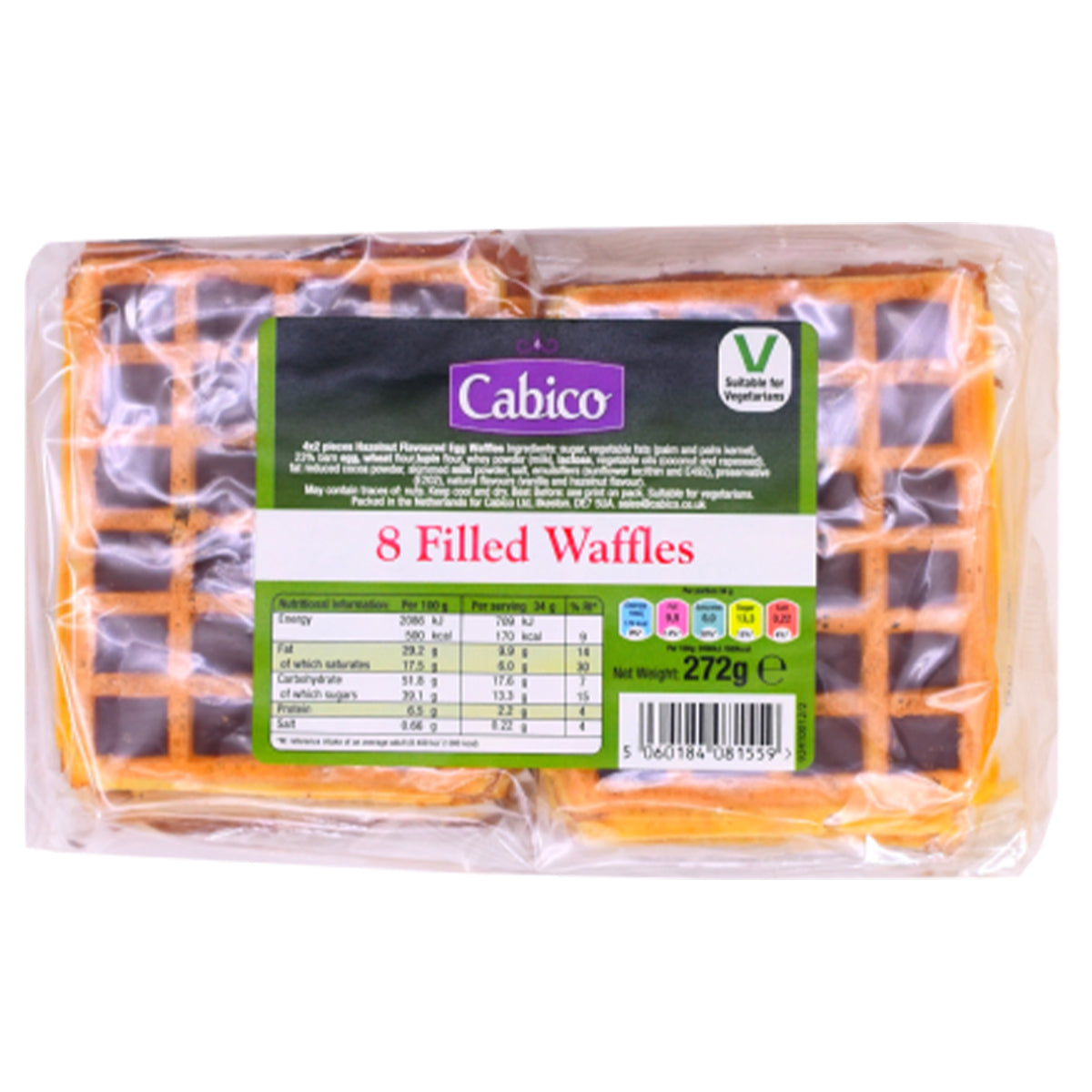 A package of Cabico Filled Waffles on a white background.