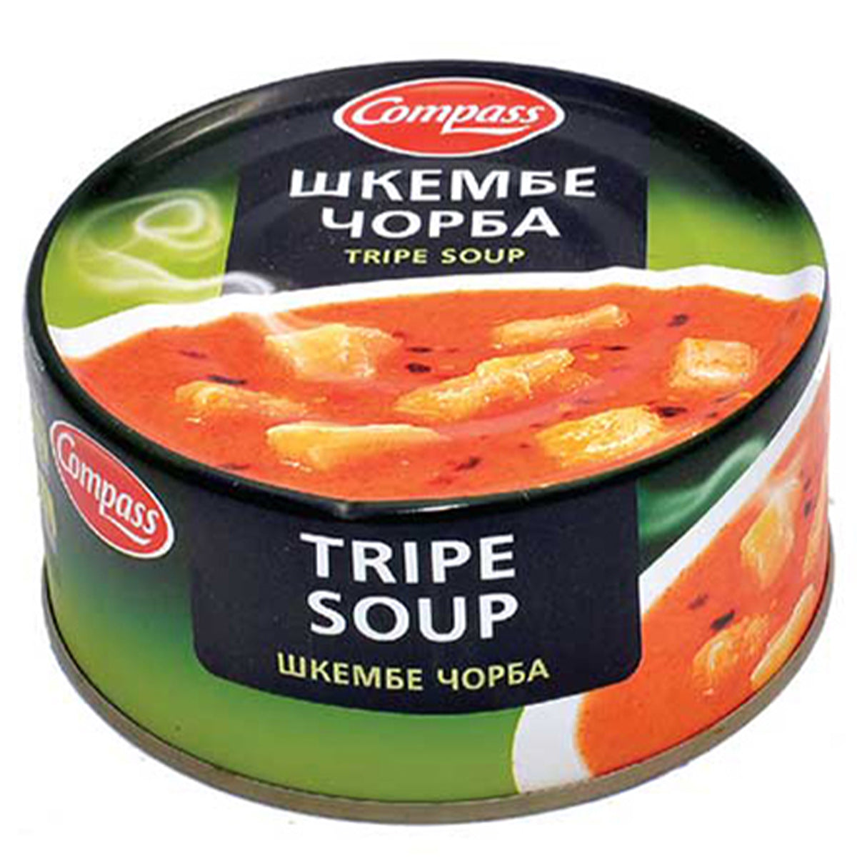 A tin of Compass - Tripe Soup - 300g in a white background. A tin of Compass - Tripe Soup - 300g in a white background.