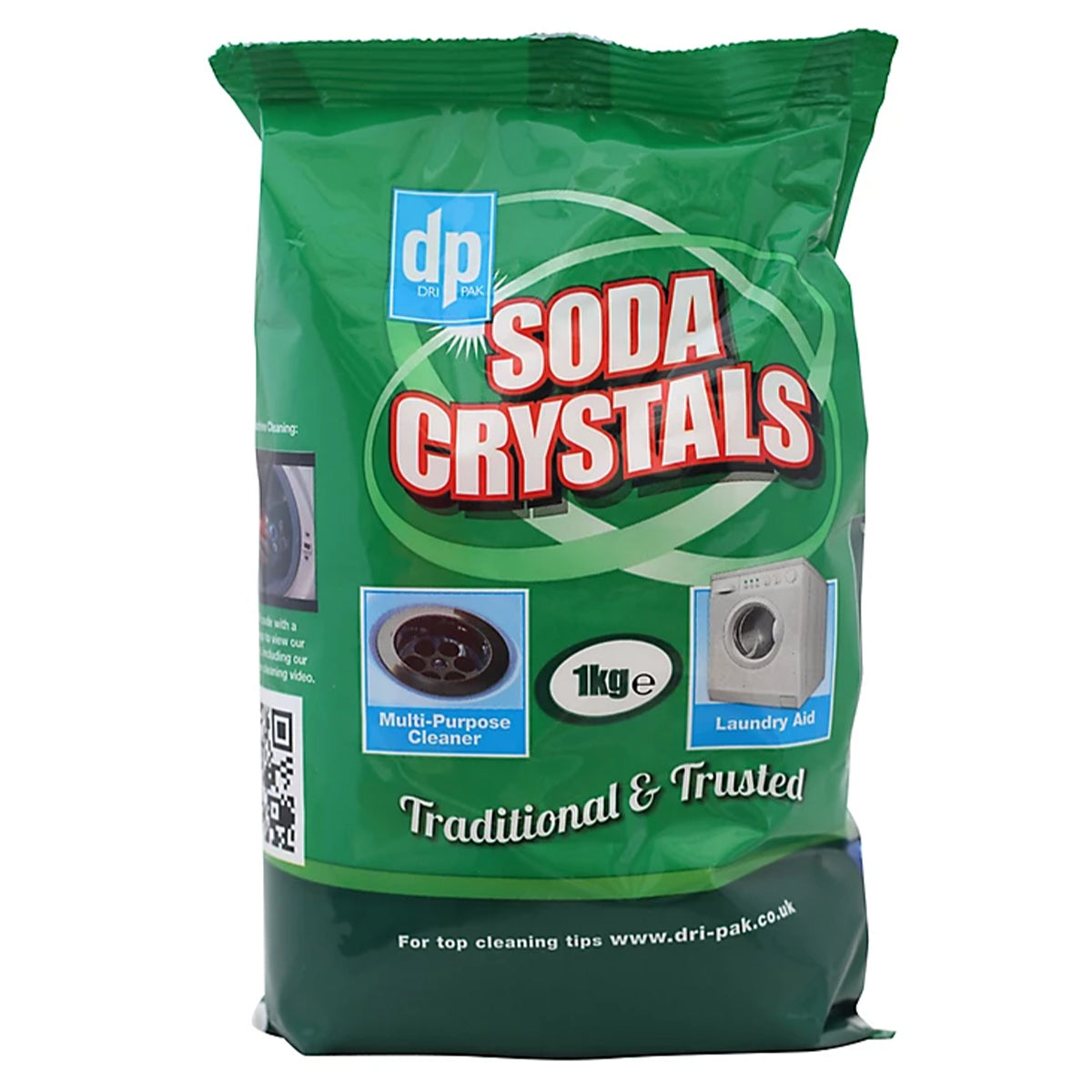 A bag of DP - Clean & Natural Soda Crystals - 1kg on a white background.