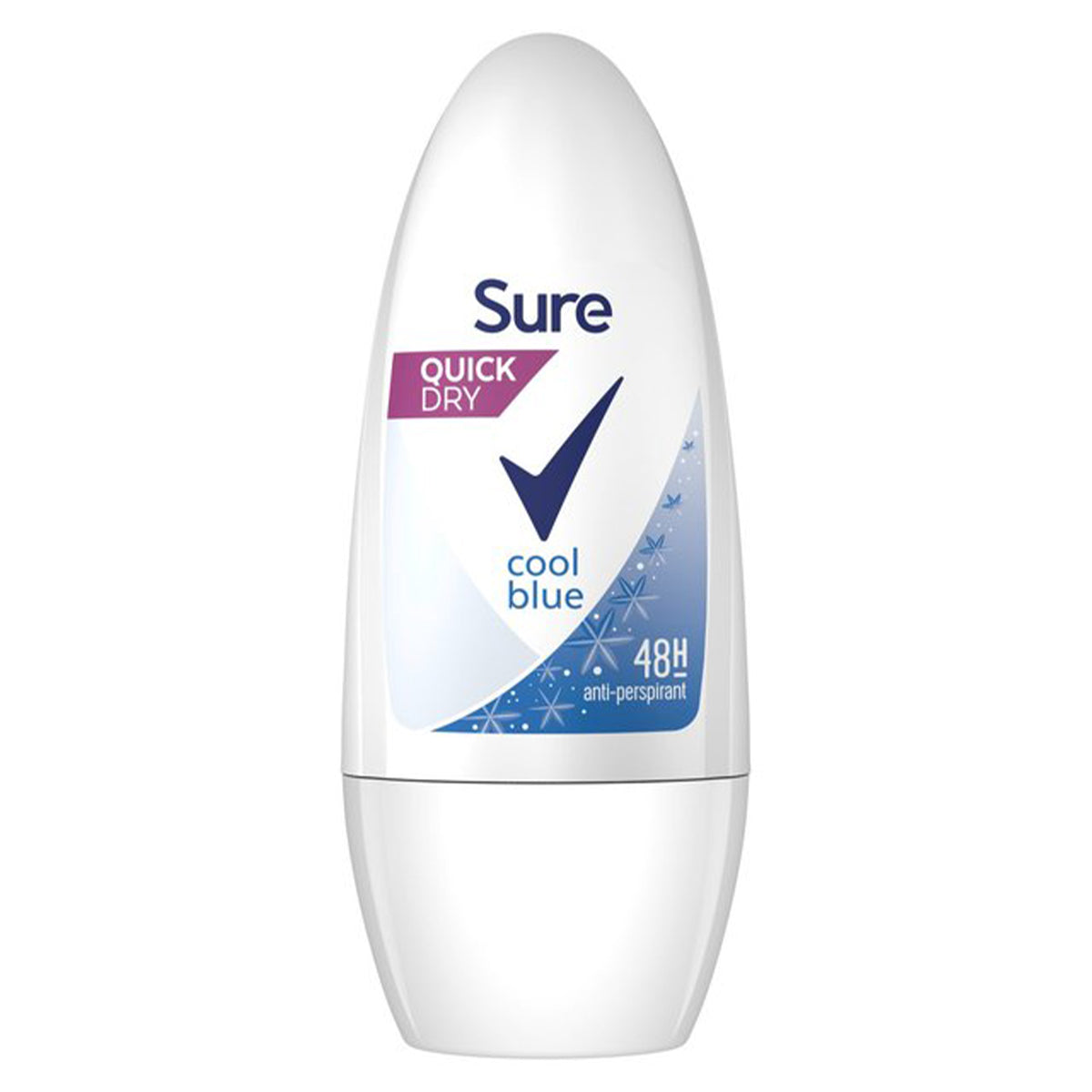A tube of Dove Sure Women Cool Blue Roll On Deodorant - 50ml with a white tube on a white background.