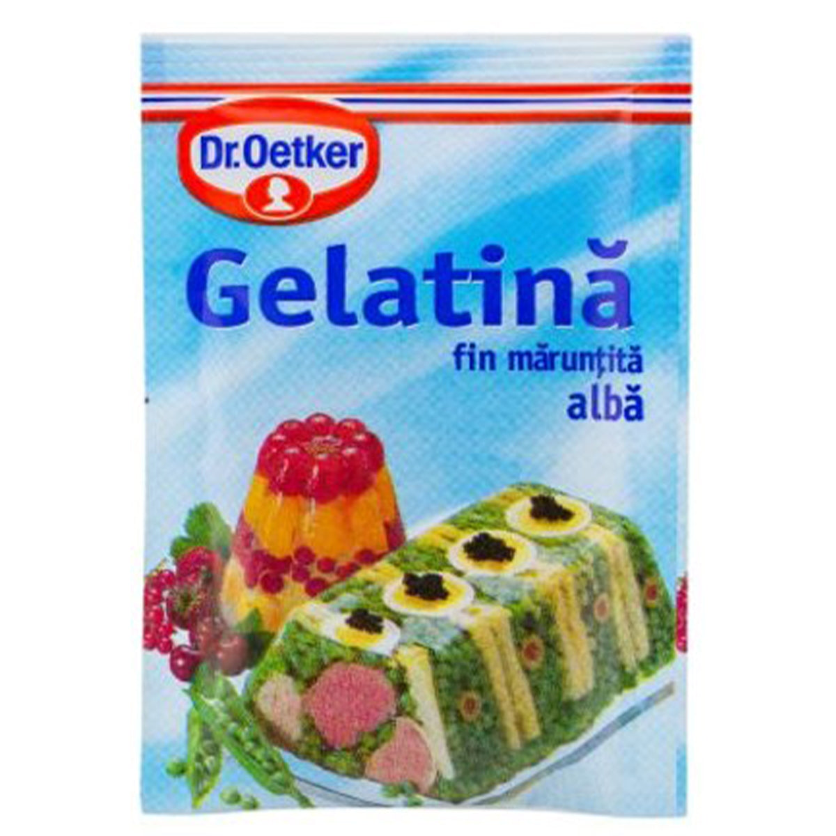 A packet of Dr. Oetker - White Gelatine - 10g in a plastic bag.