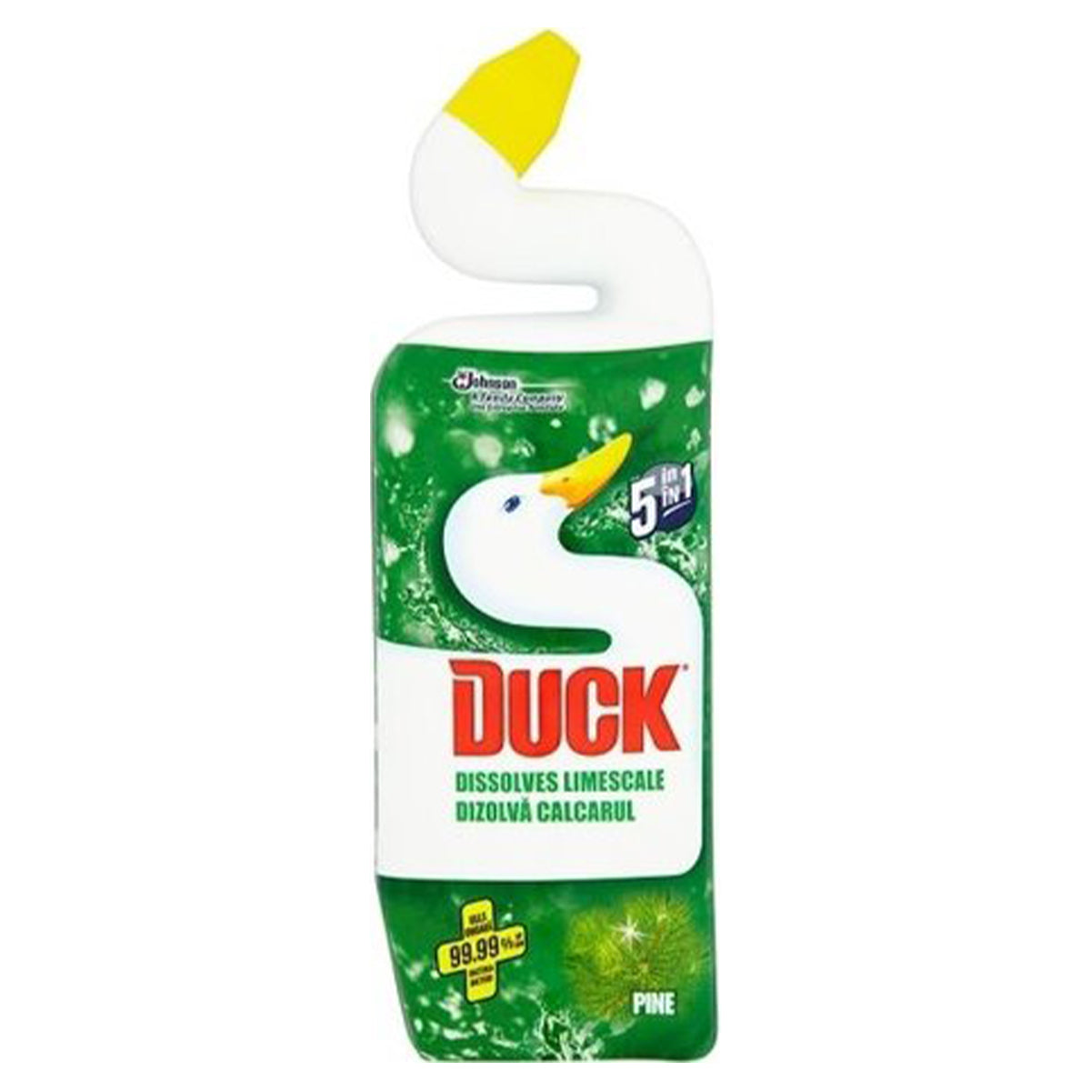 A bottle of Duck - 5 in 1 Dissolves Limescale Pine - 750ml dishwashing liquid on a white background.