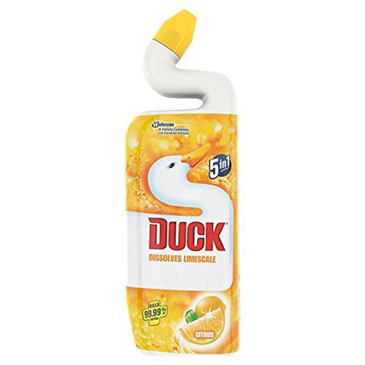 A bottle of Duck - Dissolve Limescale 5in1 - 750ml dishwashing liquid on a white background. A bottle of Duck - Dissolve Limescale 5in1 - 750ml dishwashing liquid on a white background.