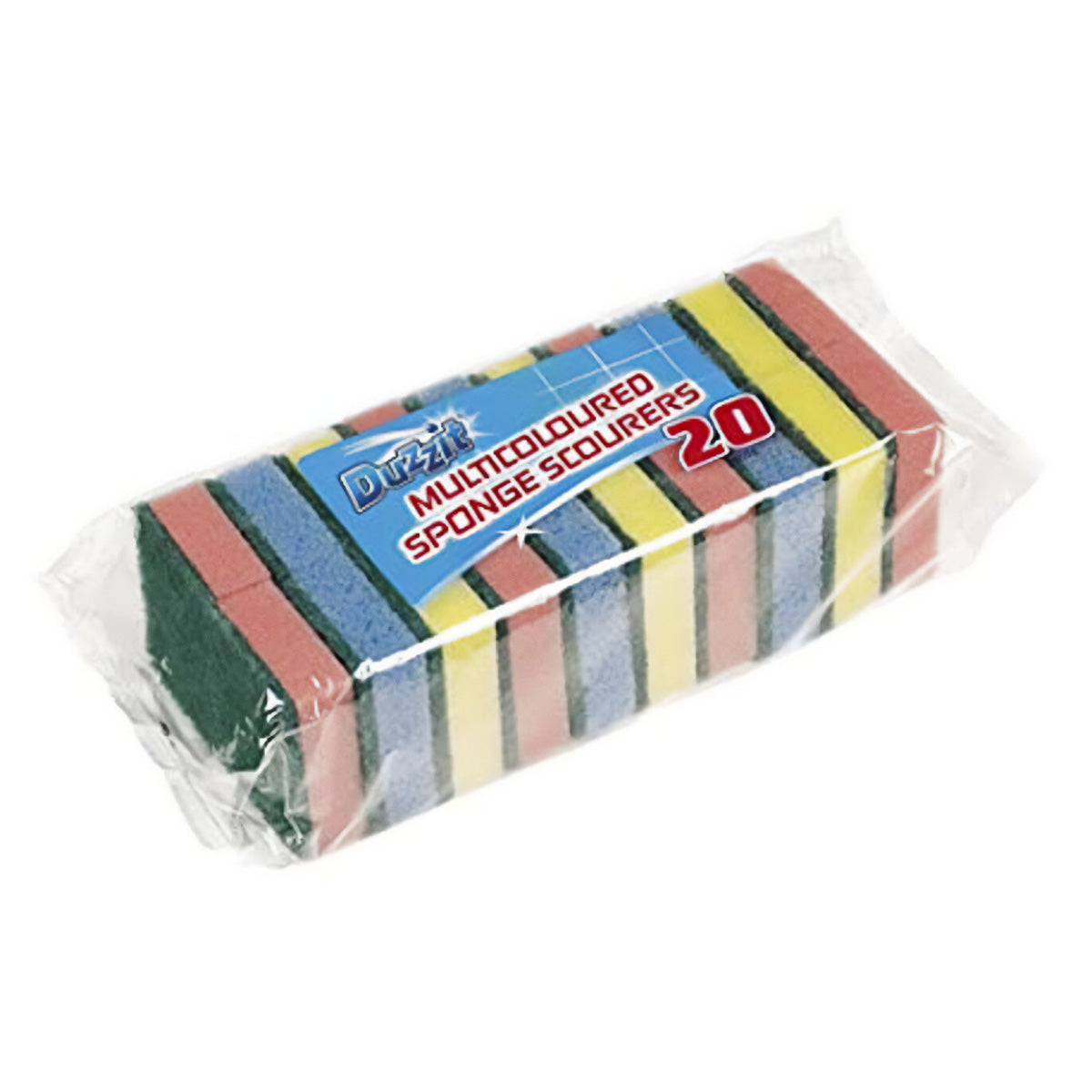 A Duzzit - Multicoloured Sponge Scourers - 20 Pack in a plastic bag. A Duzzit - Multicoloured Sponge Scourers - 20 Pack in a plastic bag.