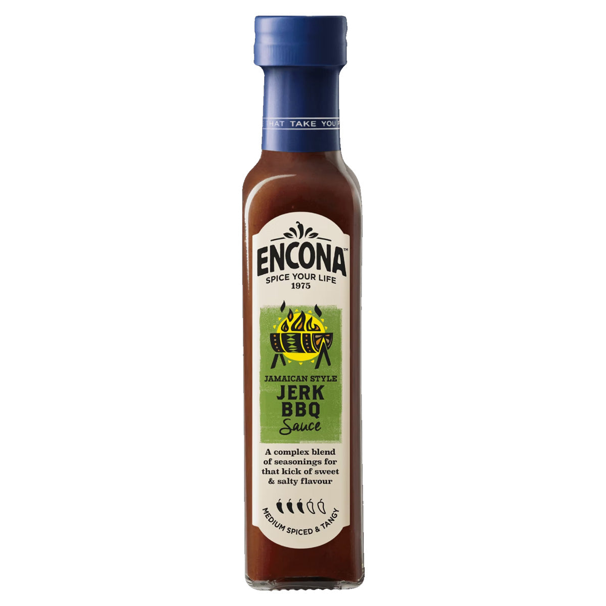 A bottle of Encona Jamaican Jerk BBQ Sauce - 142ml on a white background. A bottle of Encona Jamaican Jerk BBQ Sauce - 142ml on a white background.