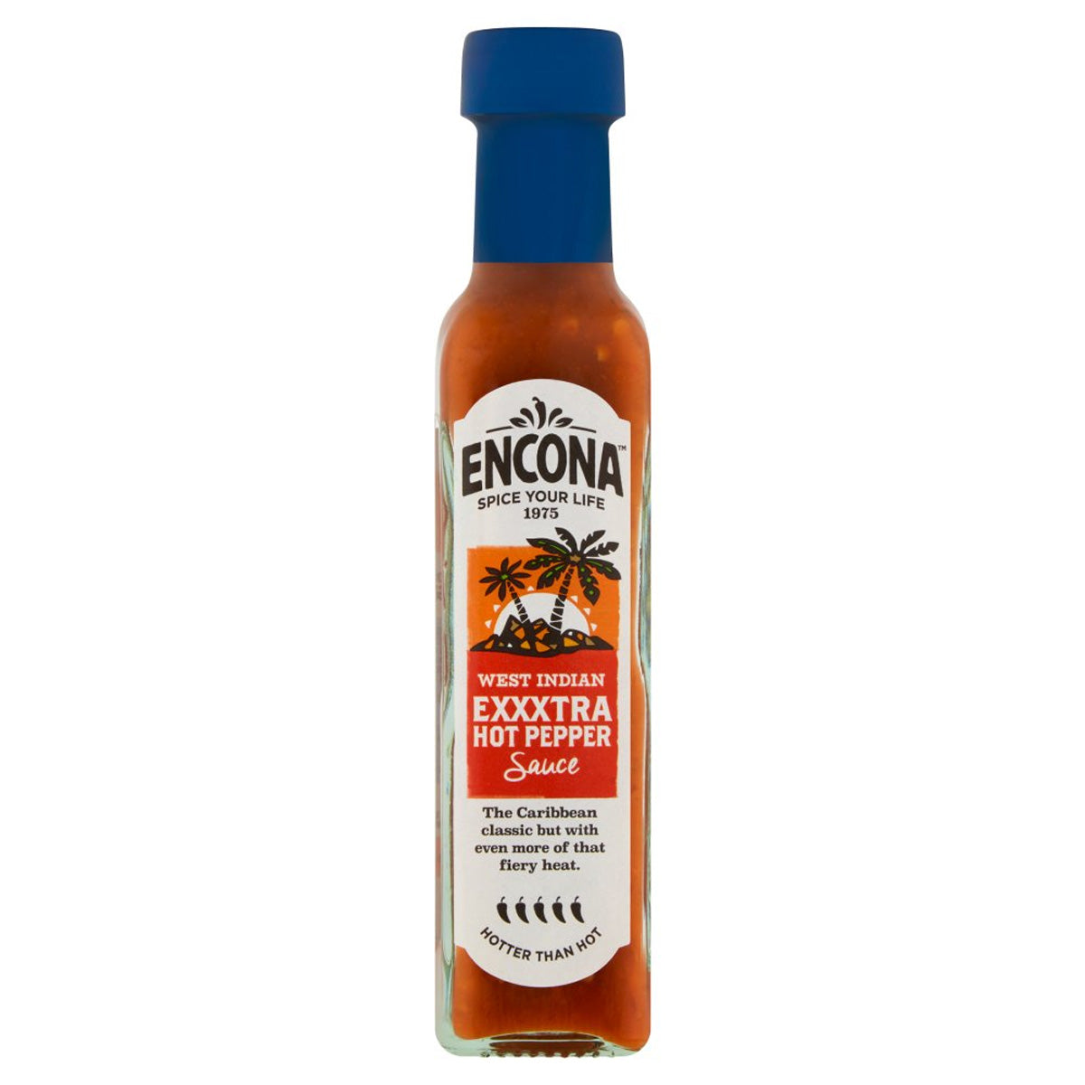 A bottle of Encona - West Indian Exxxtra Hot Pepper Sauce - 142ml on a white background.