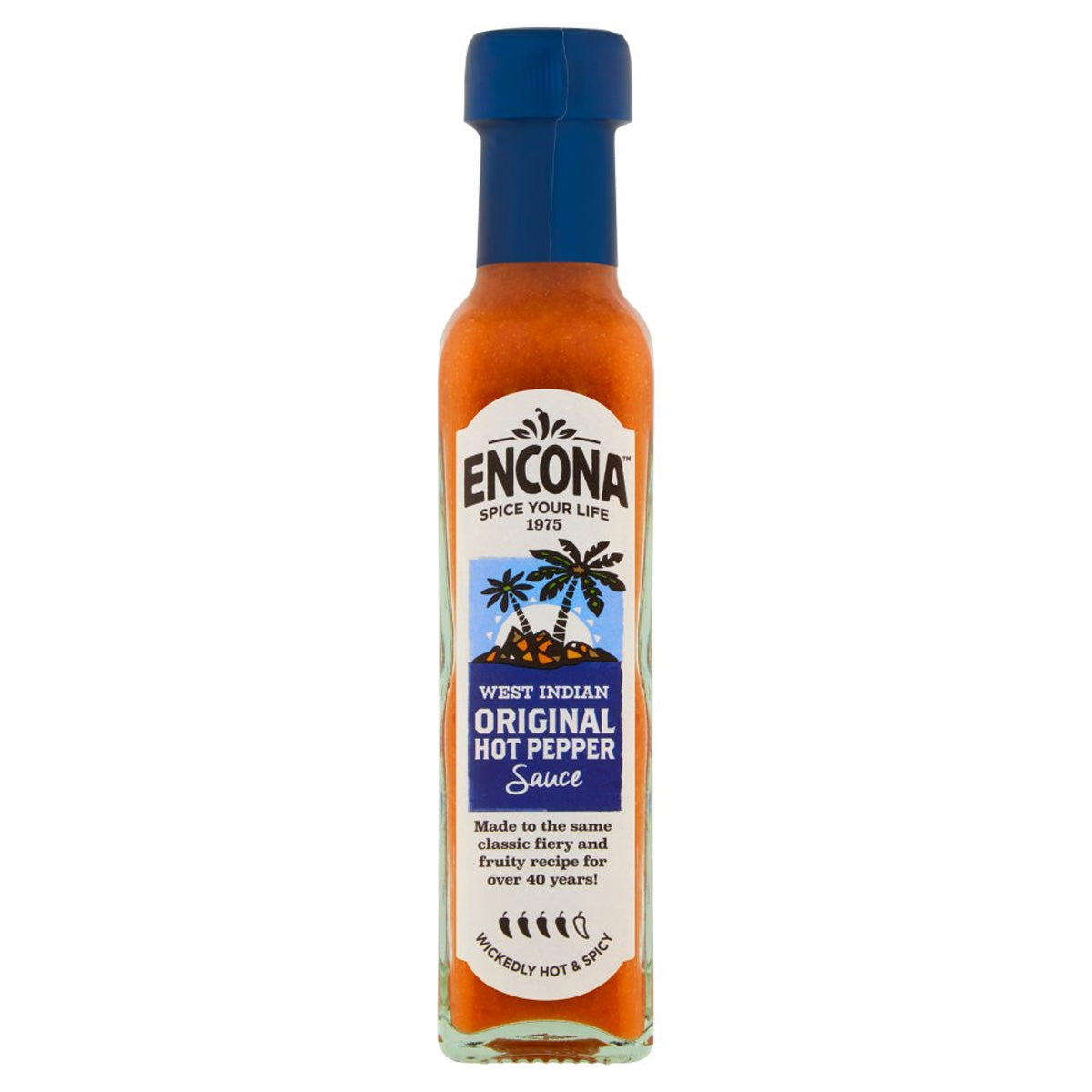 A bottle of Encona - West Indian Original Hot Pepper Sauce - 142ml on a white background.