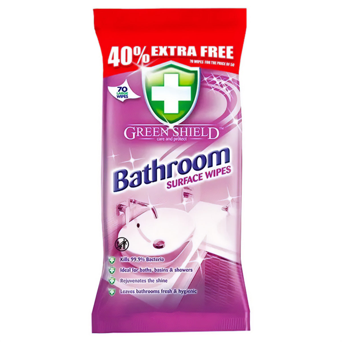 A package of Green Shield - Bathroom Surface Wipes - 70 Wipes.