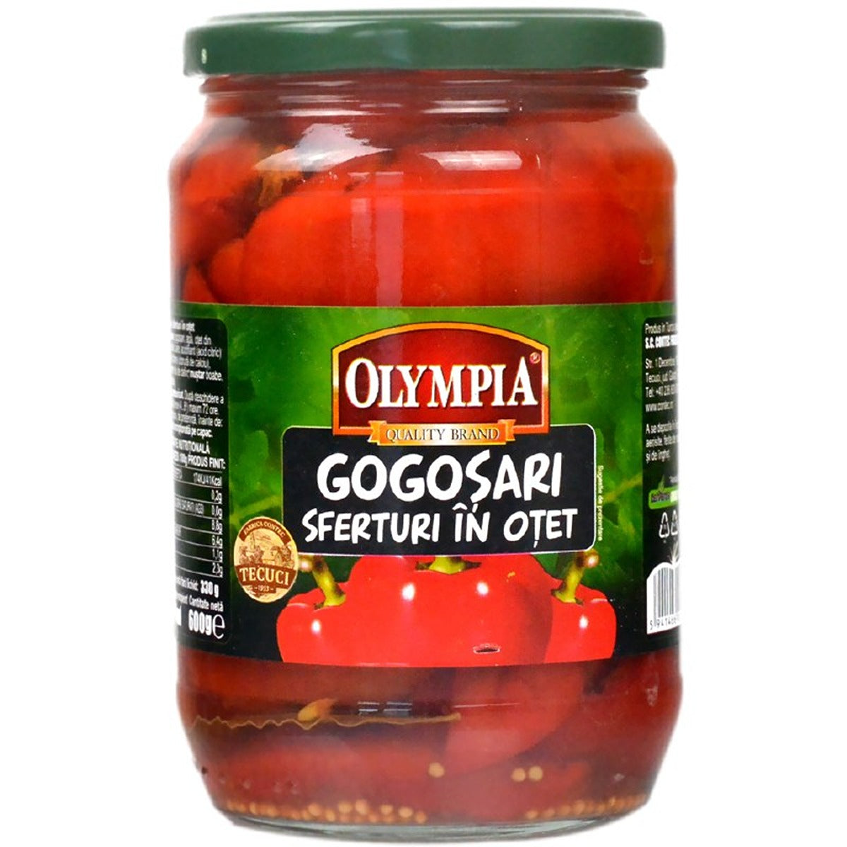 A 660g jar of Olympia red bell peppers preserved in tangy vinegar, featuring Romanian labeling. A 660g jar of Olympia red bell peppers preserved in tangy vinegar, featuring Romanian labeling.