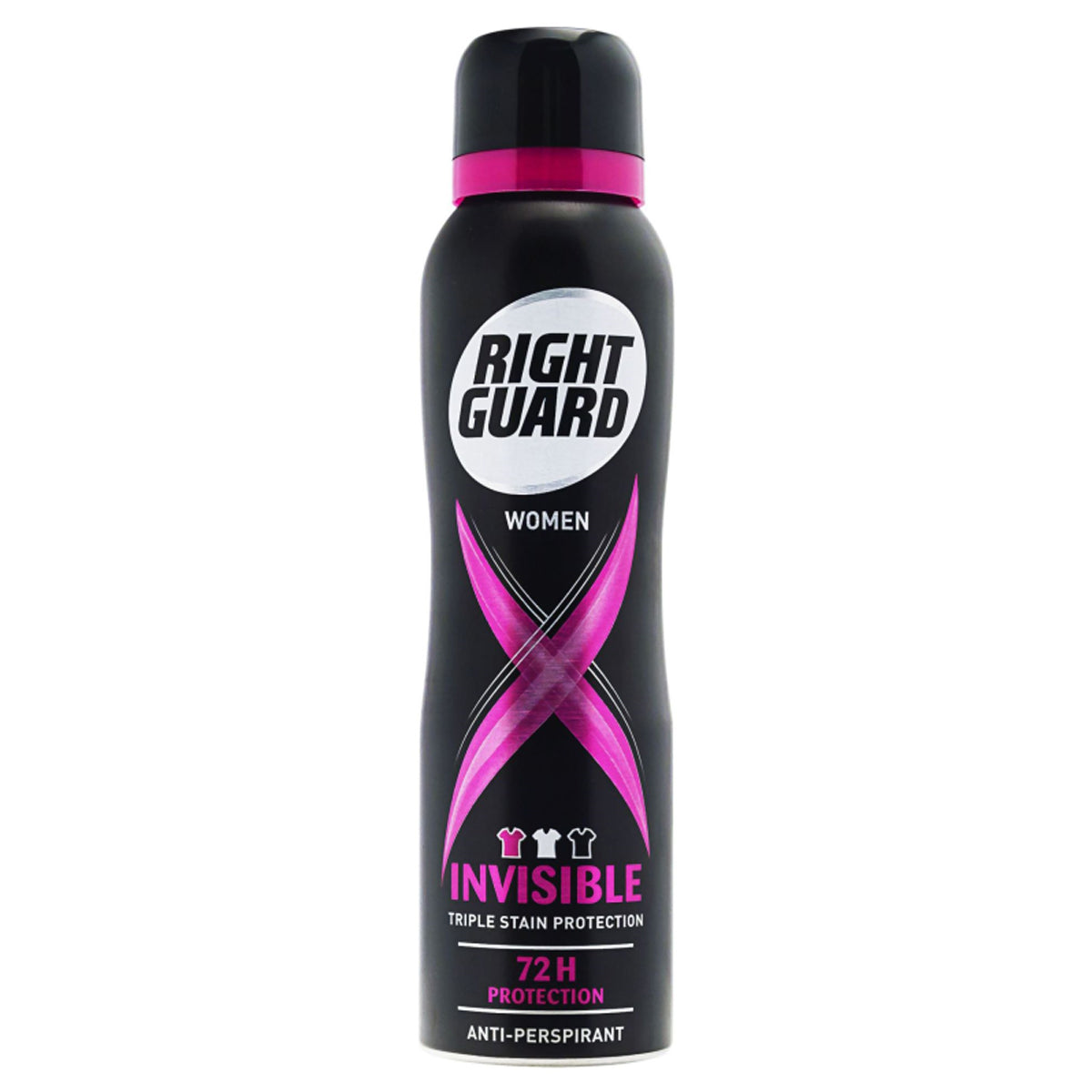 A black and pink bottle of Right Guard - Women's Invisible Anti-perspirant Spray - 150ml.