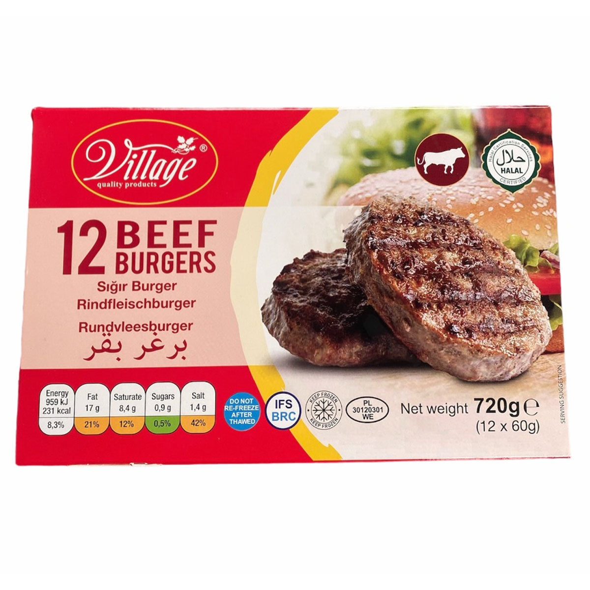 Village - 12 Beef Burgers - 720g - Continental Food Store