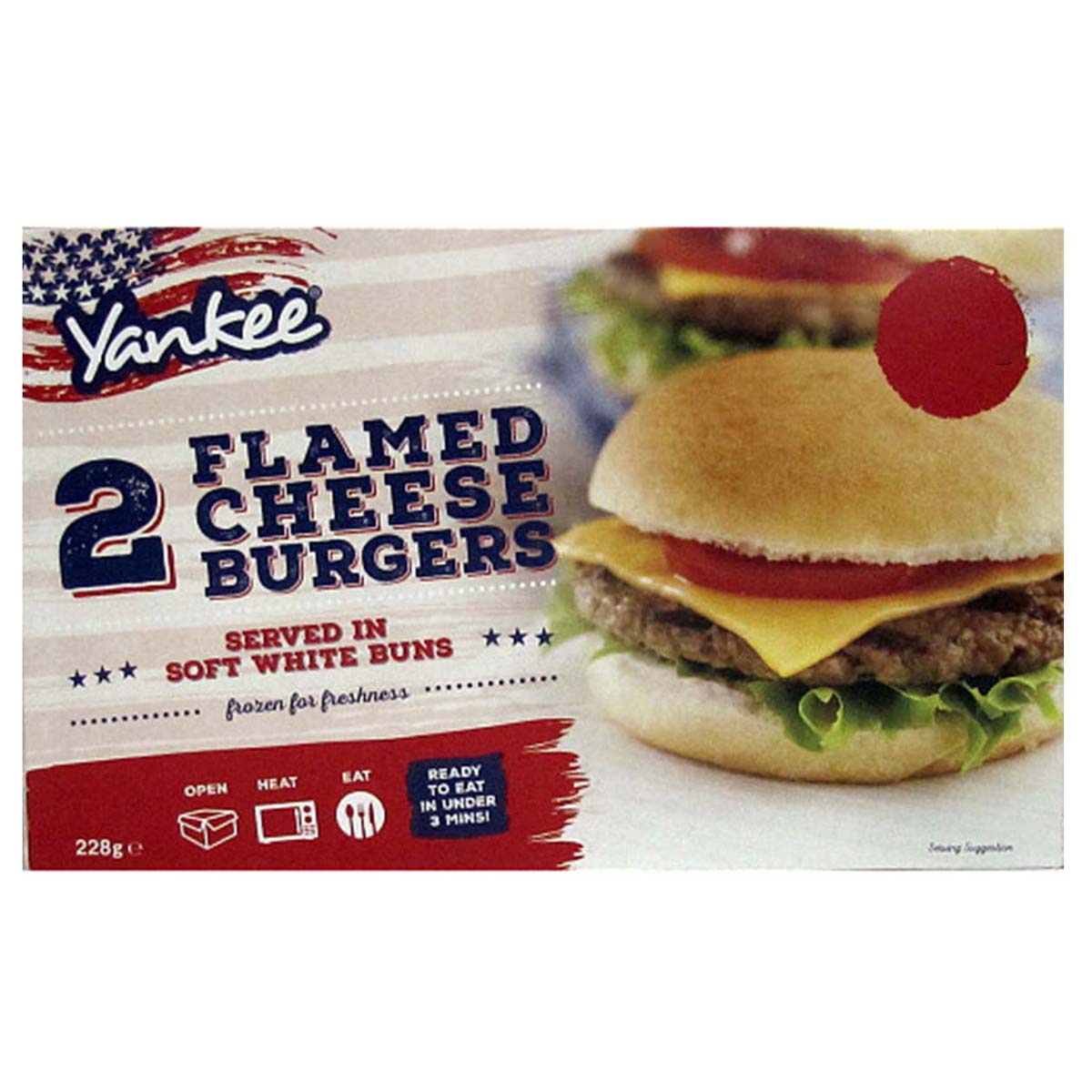 Yankee - 2 Flamed Cheese Burgers - 228g - Continental Food Store Yankee - 2 Flamed Cheese Burgers - 228g - Continental Food Store