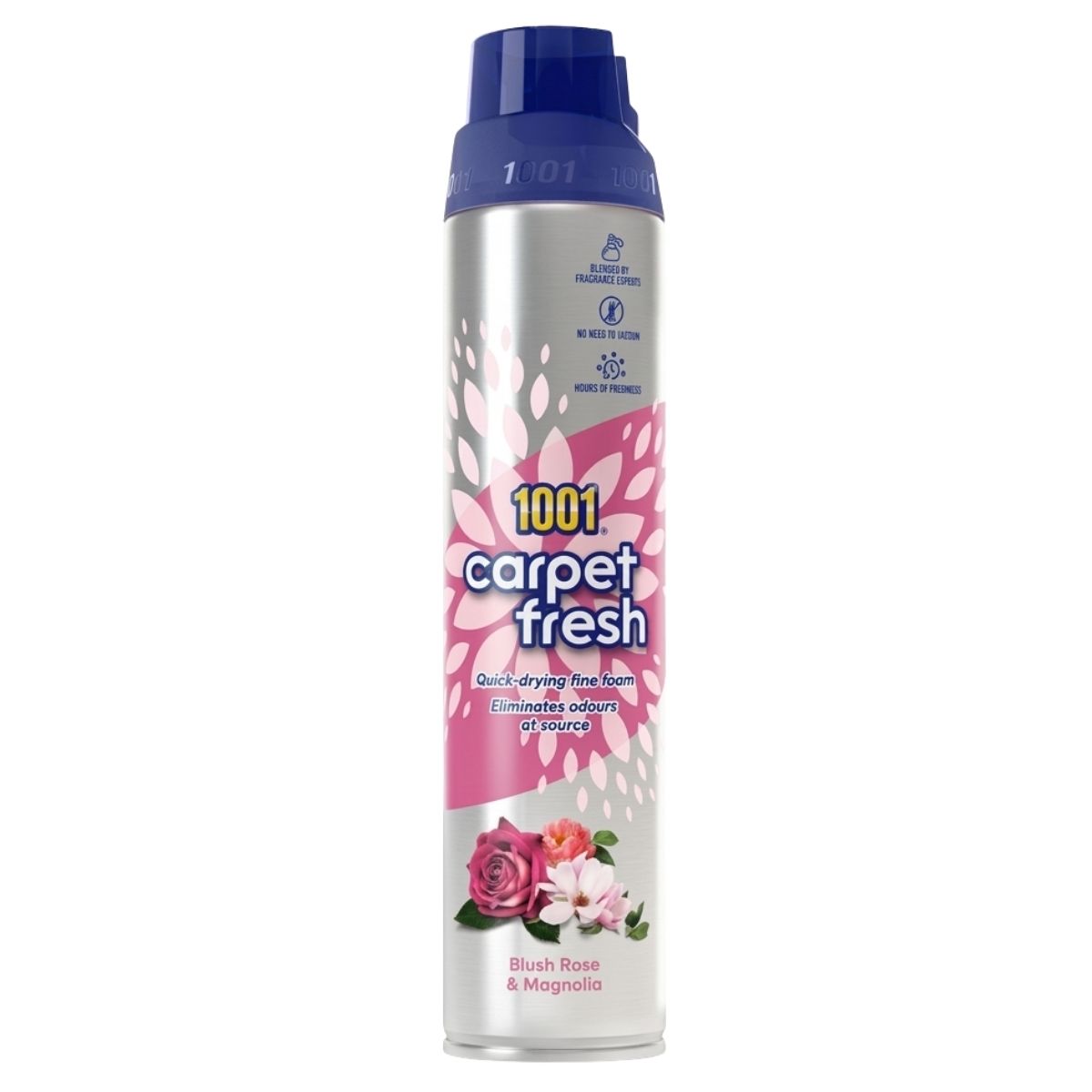 1001 Carpet Fresh Blue Rose & Magnolia Freshener (300ml) by 1001 features a pink floral design with a blue cap—an effective odour eliminator spray for your home.