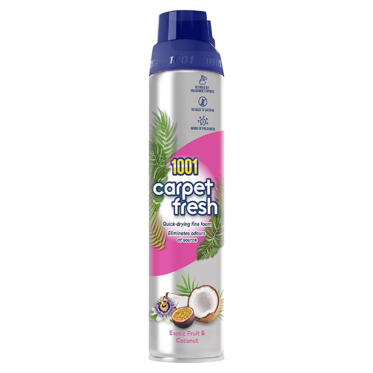 A 300ml can of 1001 Carpet Fresh Exotic Fruit & Coconut Freshener, with a blue cap and tropical fruit images on the label.
