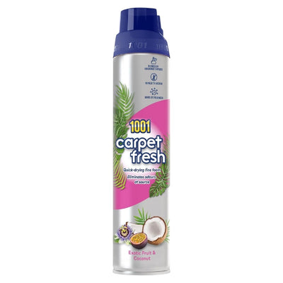 A 300ml can of 1001 Carpet Fresh Exotic Fruit & Coconut Freshener, with a blue cap and tropical fruit images on the label.