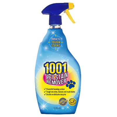 The 1001 Pet Stain Remover - 500ml is an effective carpet cleaner for homes with pets, eliminating stains and odours. Featuring a blue and yellow nozzle and paw print label, it’s your go-to solution from the trusted brand 1001.