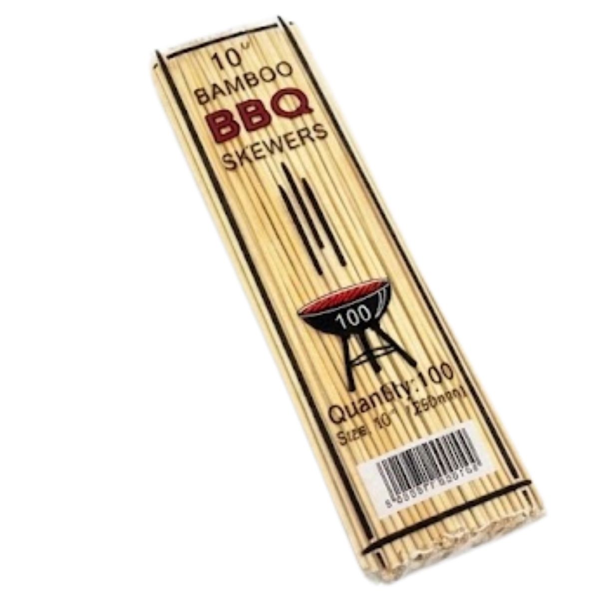The Continental Food Store 10'' BBQ Skewers (250mm) - 100Pcs come in clear packaging with product details and barcode visible—ideal for grilling at your next cookout.