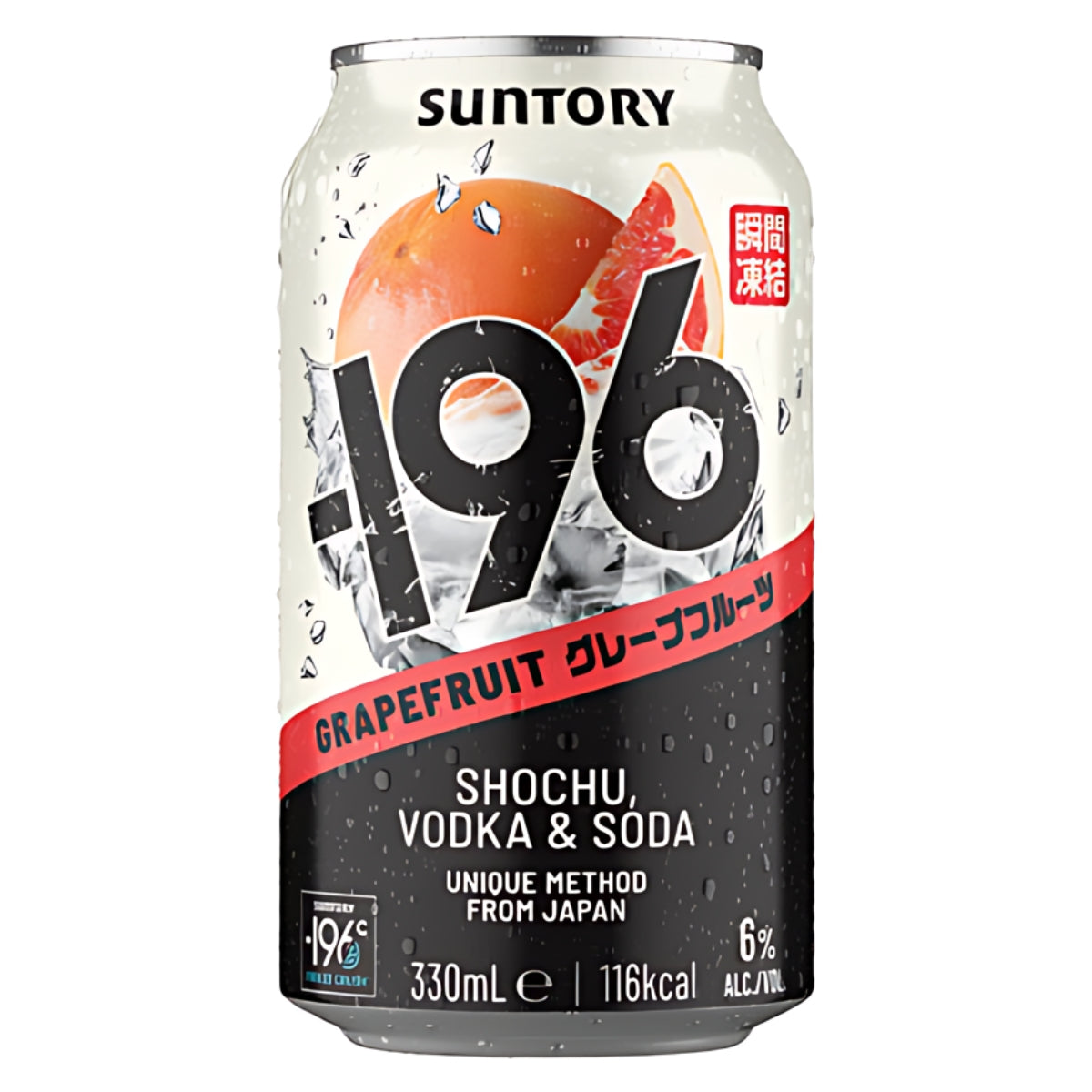 A can of Suntory -196 - Grapefruit Shochu, Vodka & Soda (6% ABV) - 330ml features grapefruit graphics and details about its 6% alcohol content, 116 kcal, and 330 ml volume. It highlights the innovative Freeze Crush Technology™ and includes Japanese text as well.